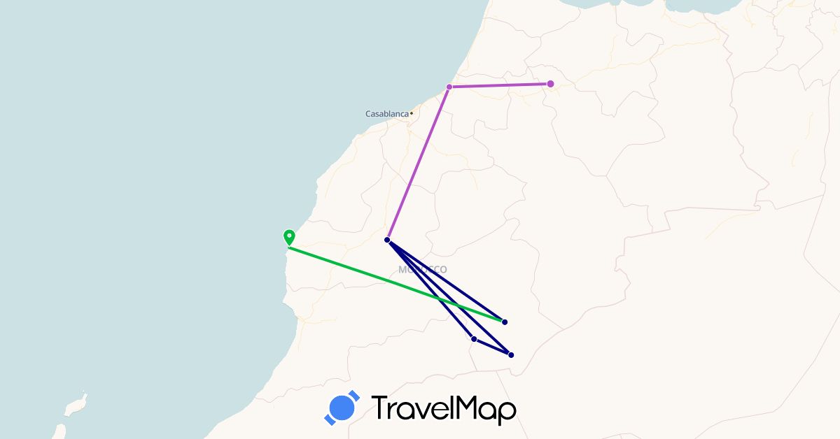 TravelMap itinerary: driving, bus, plane, train in Morocco (Africa)